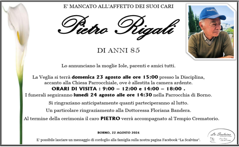 21 agosto 2026: morto <b>Pietro Rigali</b> - Borno