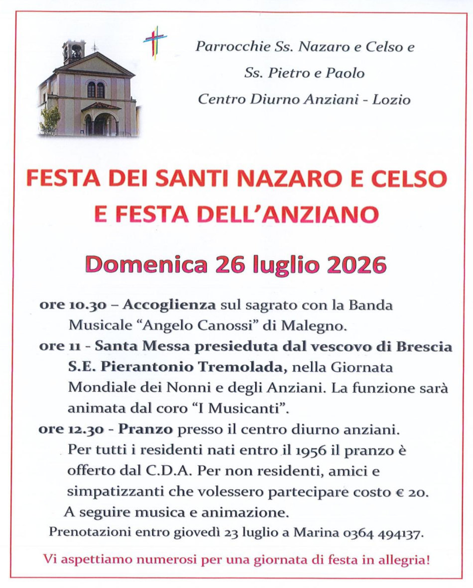 26 luglio 2026: Festa dei patroni <b>ss. Nazaro e Celso</b> a Lozio