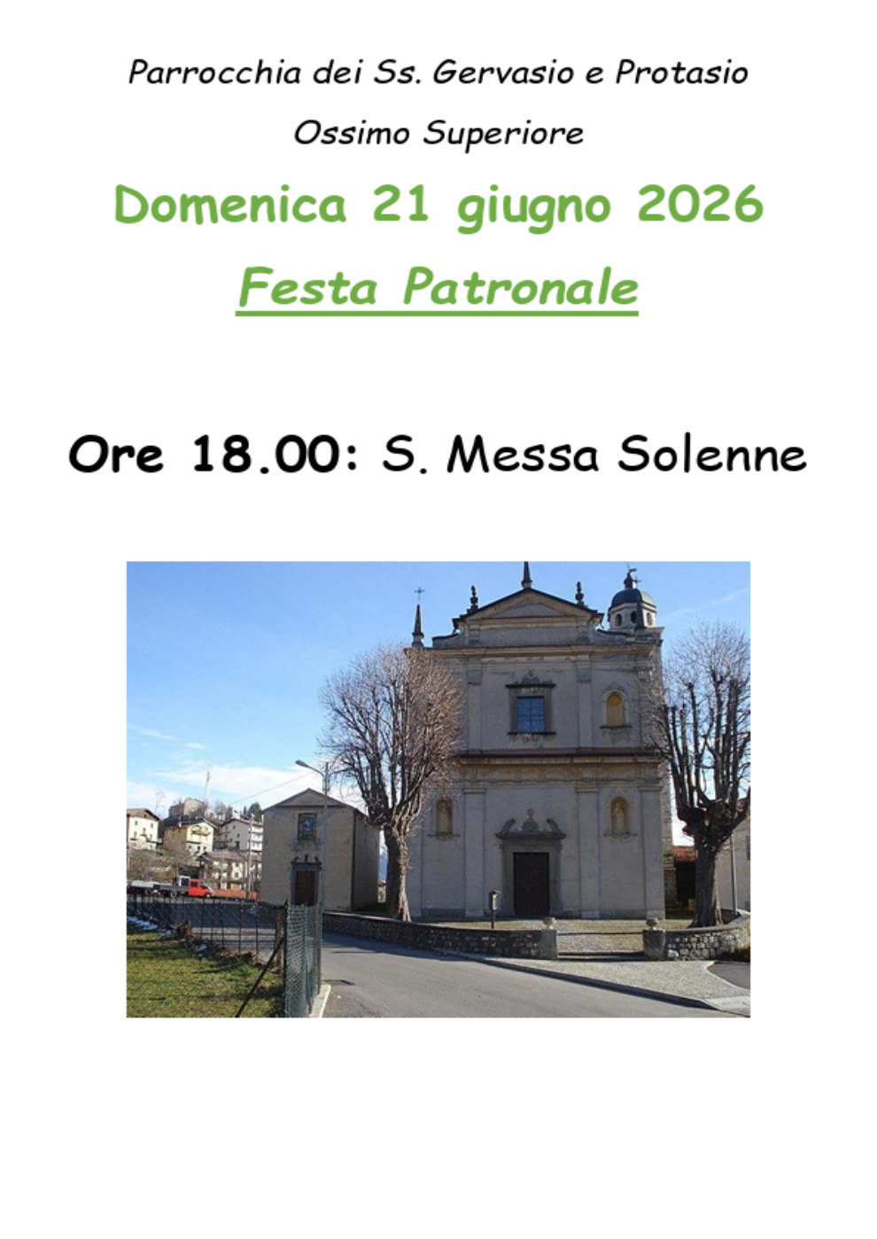 Domenica 21 giugno 2026: <b>FESTA PATRONALE dei SS. Gervaio e Protasio ad Ossimo sup.</b> - ore 18.00 S. Messa