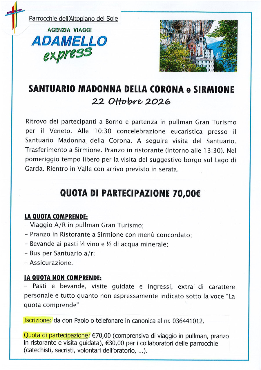 22 ottobre 2026: Gita alla Madonna della Corona e Sirmione