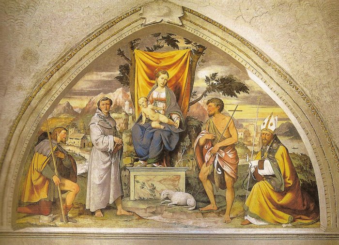 CHIESETTA DI S. ANTONIO DI PADOVA - Dipinto della Madonna in trono tra i santi Rocco, Antonio di Padova, Giovanni Battista e Martino (C. Piazza 1528)