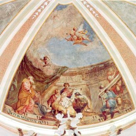 Affresco raffigurante la nascita di S. Giovanni Battista, patrono della nostra parrocchia. Catino centrale della volta presbiteriale (S. Cattaneo 1780)